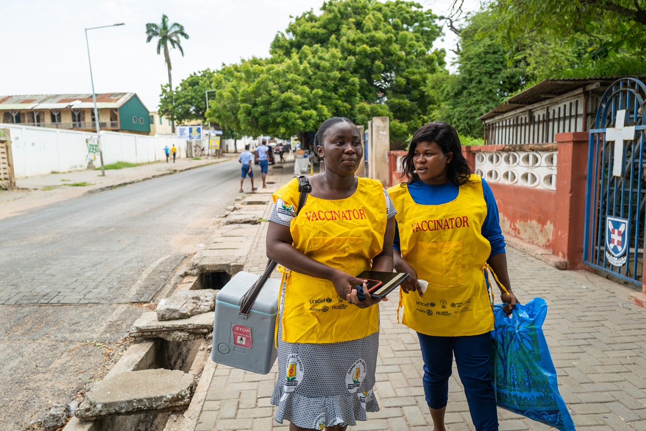 Community health nurses, Priscilla Osei and Juliana Akumatey visit homes, schools, lorry stations and wherever they can find people to vaccinate against COVID-19 on June 3, 2022.
