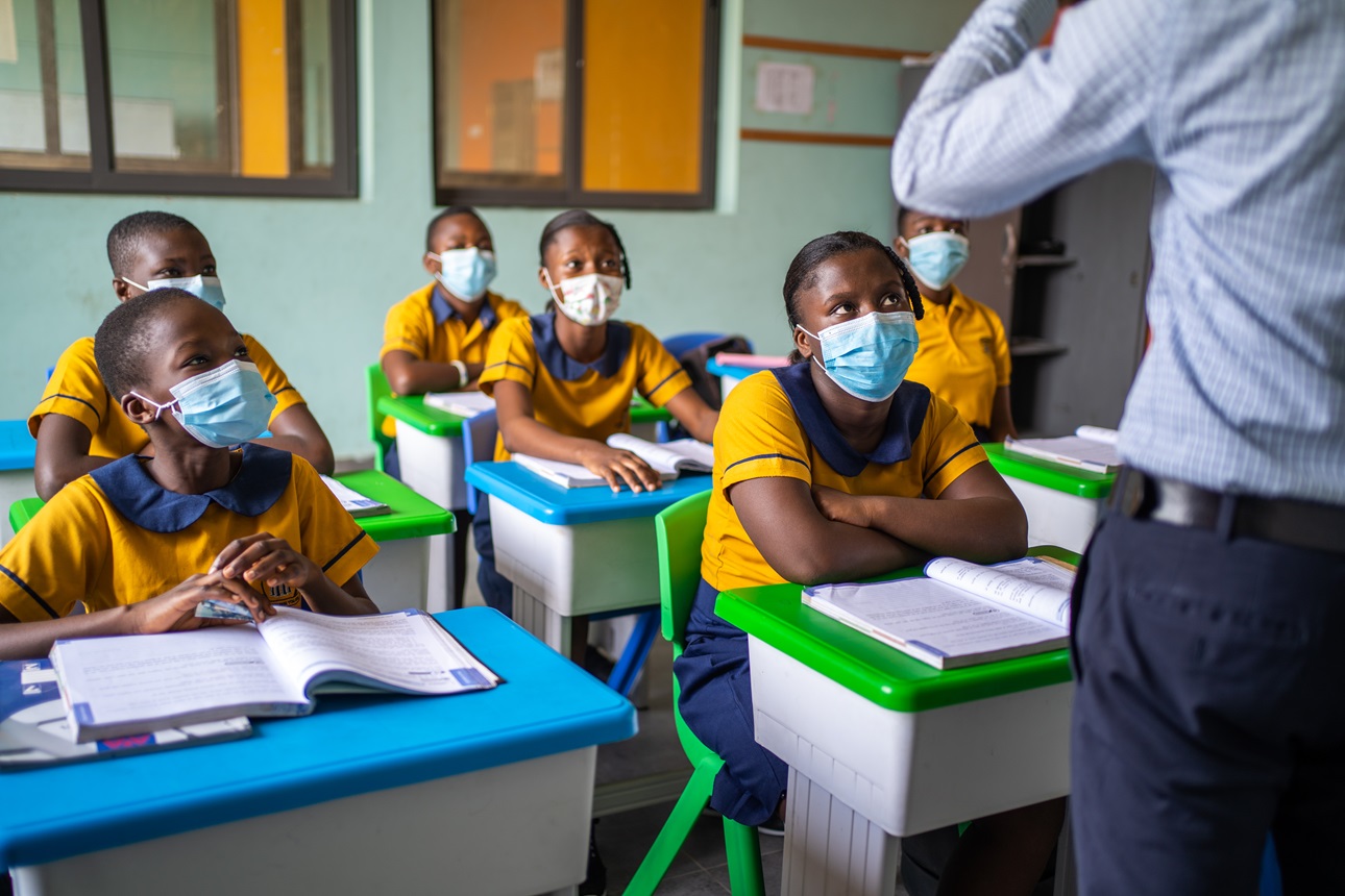 Students wear face masks in class at the New Edition School in Kasoa, Ghana, on July 4, 2022. Credit: Nana Kofi Acquah. 