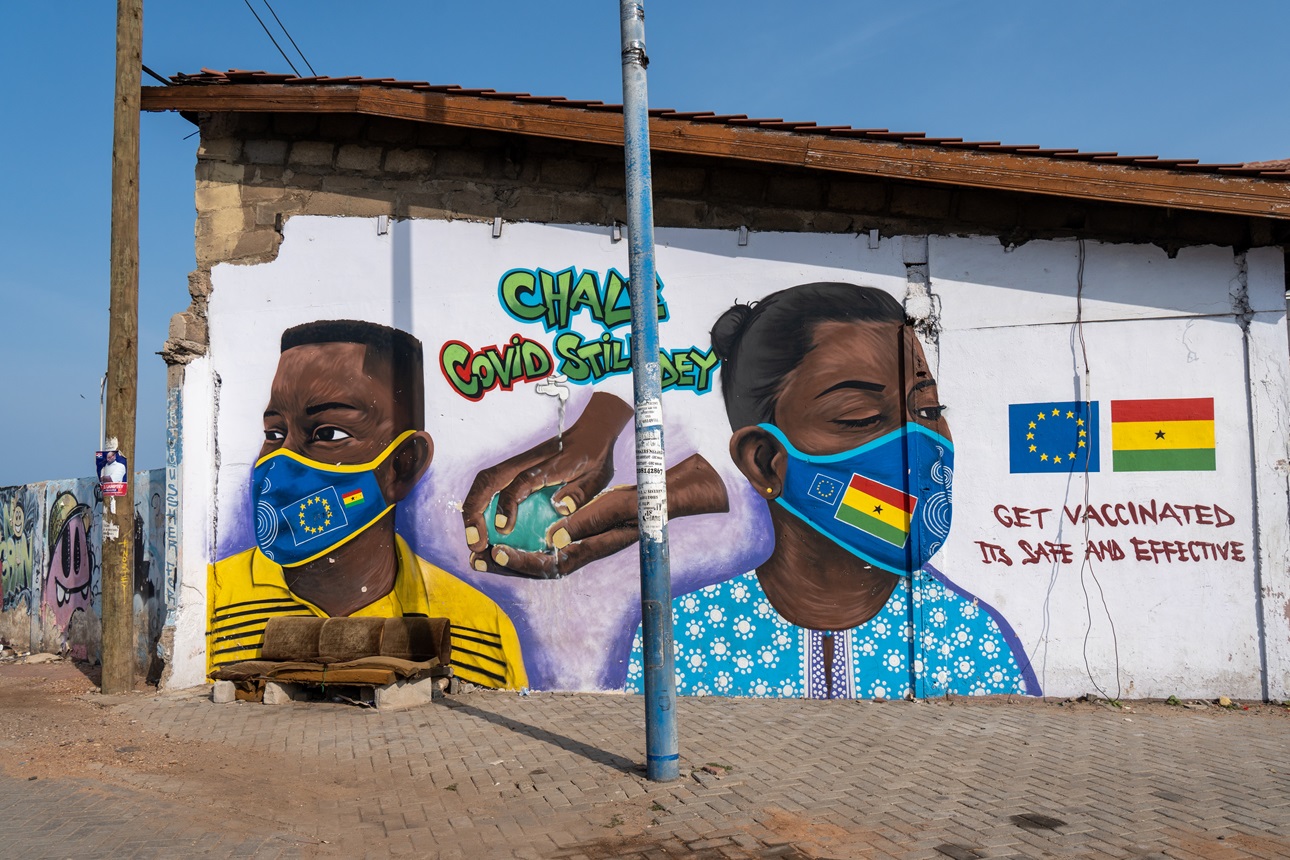 Street mural encouraging people to mask up as part of the fight against COVID-19 in Accra, Ghana, on June 8, 2022. 