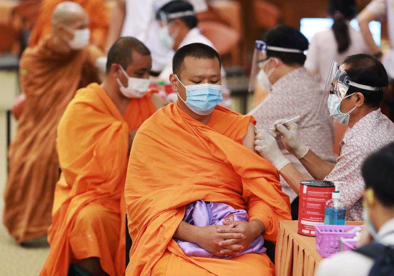 Buddhist monks receive coronavirus disease (COVID-19) vaccination at a hospital in Bangkok, Thailand May 19, 2021. 