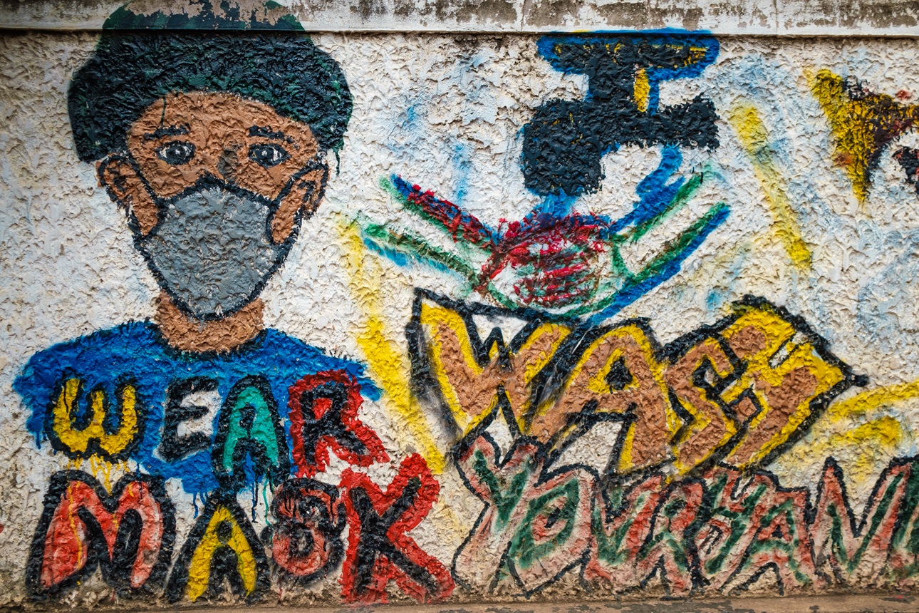 A mural encouraging people to be safe during the COVID-19 pandemic Kampala, Uganda, on January 20, 2022. 