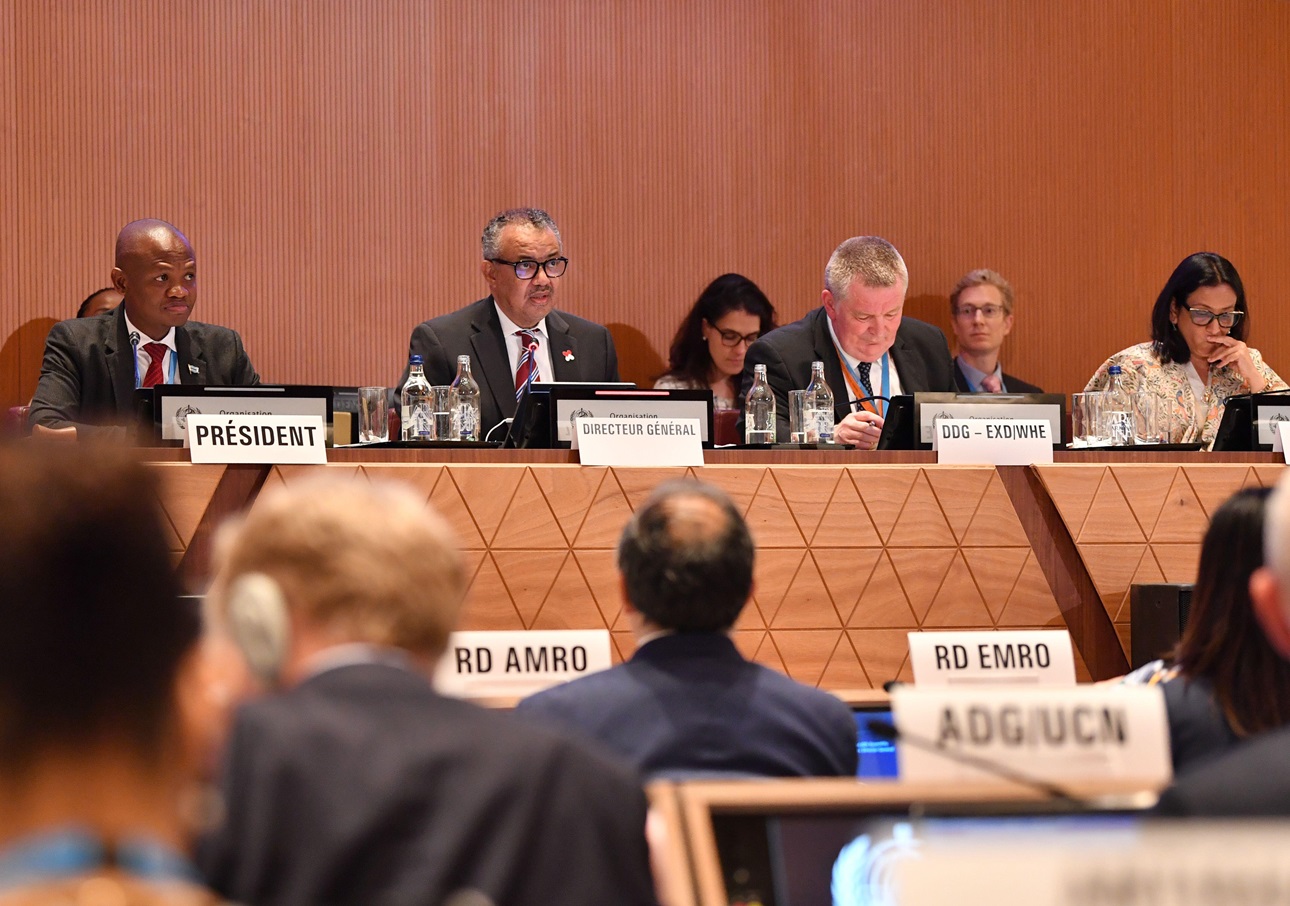 The WHO's Director-General, Dr. Tedros Adhanom Ghebreyesus (center), reminded delegates that “promoting and protecting health in any country benefits all countries.