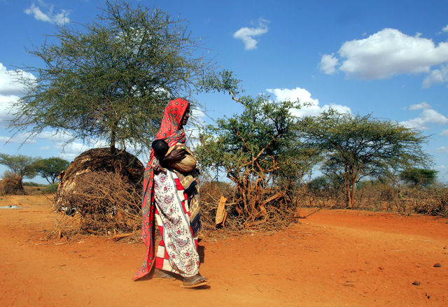 An elderly Kenyan woman carries her malnourished child near Nairobi.