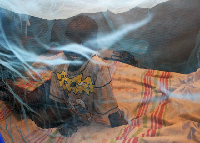 A Zambian boy sits inside a mosquito net to prevent malarial infection.