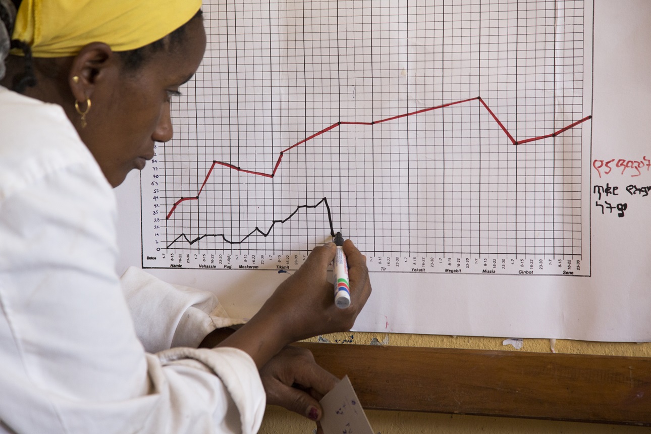 A health extension worker tracks malaria statistics at a health post